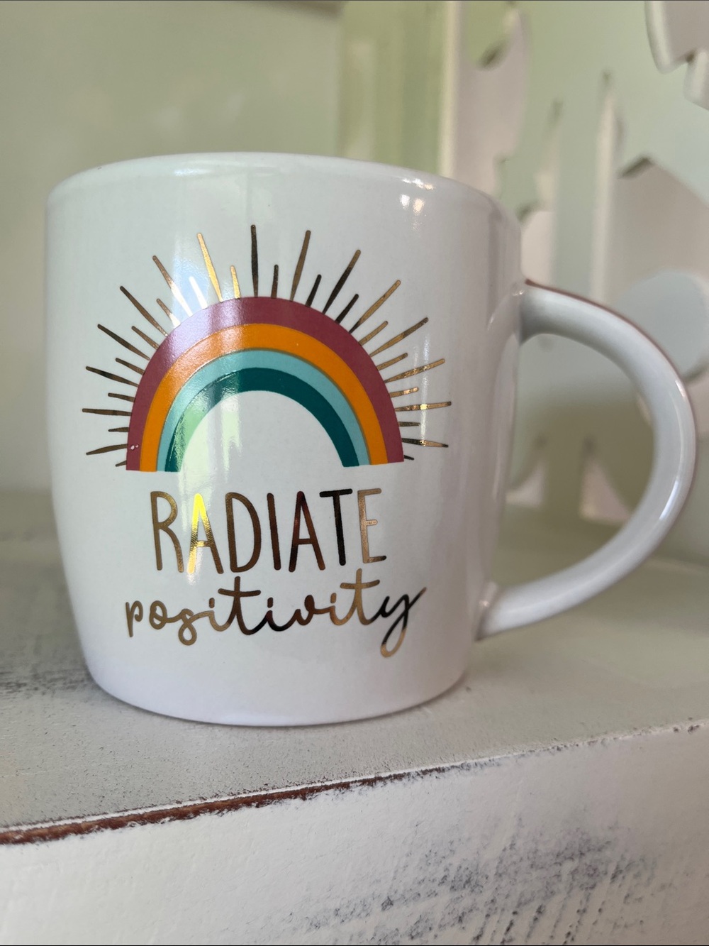 Radiate Positivity Rainbow Gold Ceramic Coffee Mug Motivational Gift